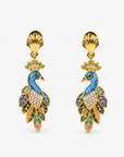 Victoriana Prissy Peacock Earrings featuring colorful hand painted enamel peacocks with gold detailing.