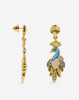 Multicolor peacock statement earrings featuring blue peacock bodies, jewel toned feathers and Gold tone finish details.