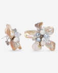 Wisteria Semi Precious Earrings featuring dimensional cream and champagne shell flowers with luminous pearl centers. Sassy Jones Wisteria floral earrings showcasing naturally varied Mother of Pearl petals with pearl and sparkling bead accents.