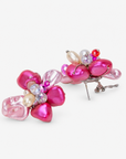 Pink and orange floral statement earrings featuring laser cut abalone shell petals and genuine freshwater cultured pearl accents.