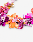 Wisteria Semi Precious Necklace in Pink and Orange Abalone featuring handcrafted shell flowers with pearl and glass bead accents.