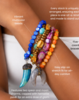 Sassy Jones Zuma stretch bracelet stack featuring multicolor shell, chalcedony, golden hematite, and crystal embellished charms.