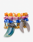 Zuma Multicolor and Gold Shell 5 Piece Stretch Bracelet Stack featuring colorful shell beads and sculptural shell charms.