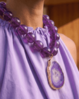 Chrysallis Grape Jelly natural purple agate statement necklace featuring oversized polished agate beads and a one of a kind druzy agate centerpiece.
