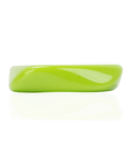 Glossy lime green resin bangle bracelet with smooth sculptural silhouette on a white background.