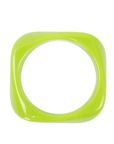 Glossy lime green resin bangle bracelet with smooth sculptural silhouette on a white background.