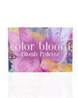 Color Bloom Blush Palette featuring six colorful blush shades in pink, peach, lilac, and berry tones beside model with glowing radiant skin