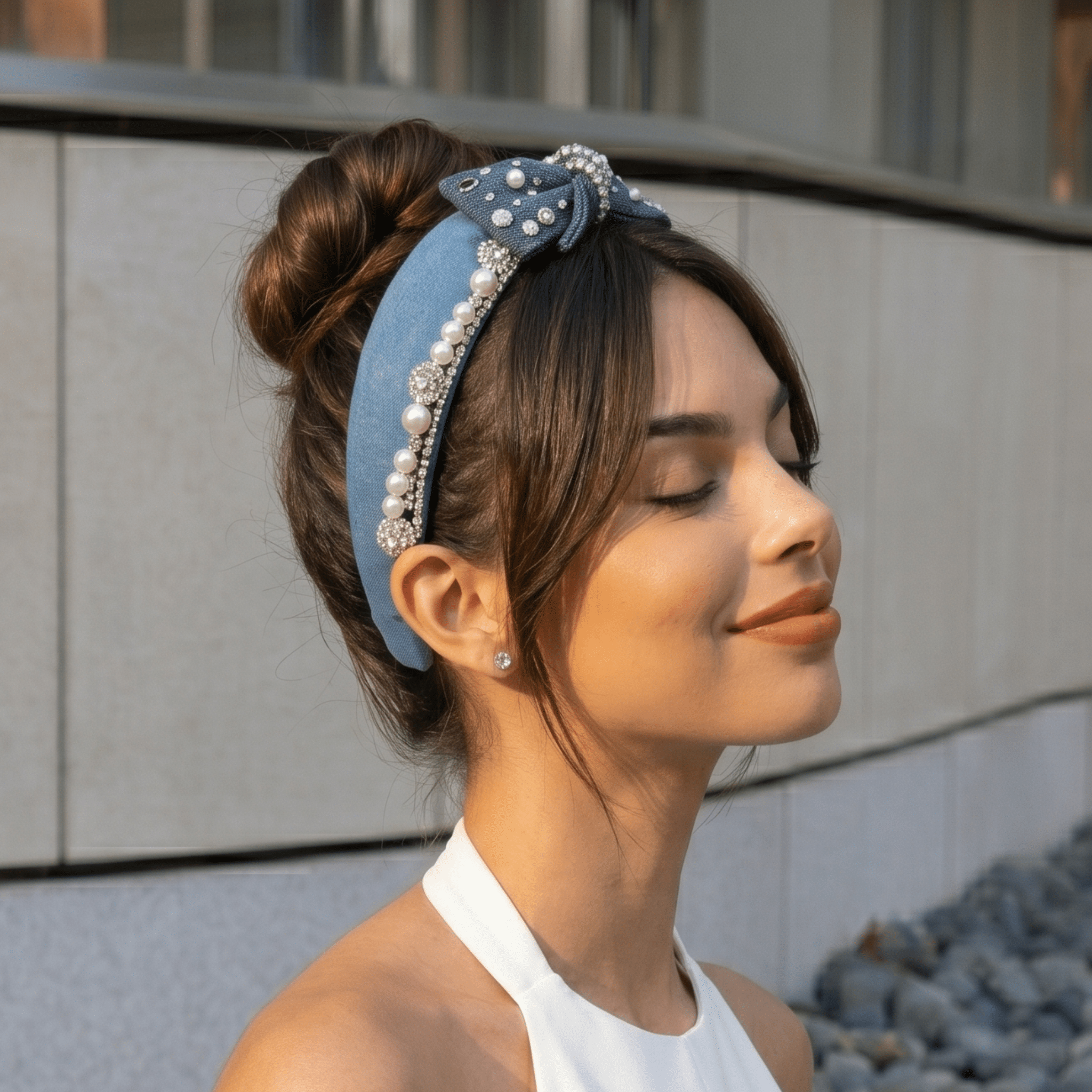 NWOT BOUTIQUE JEAN HEADBAND WITH DIAMOND ACCENT Emily Luxe Headband - Denim Pearl | Sassy Jones main image 4