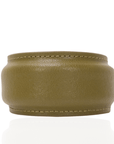 Olive green padded vegan leather cuff bracelet with tonal stitching detail on a clean white background.