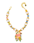 Kalani Pearl Chain necklace featuring oversized pearls, colorful floral beads, gold tone details and a hand painted tropical parrot pendant surrounded by flowers.