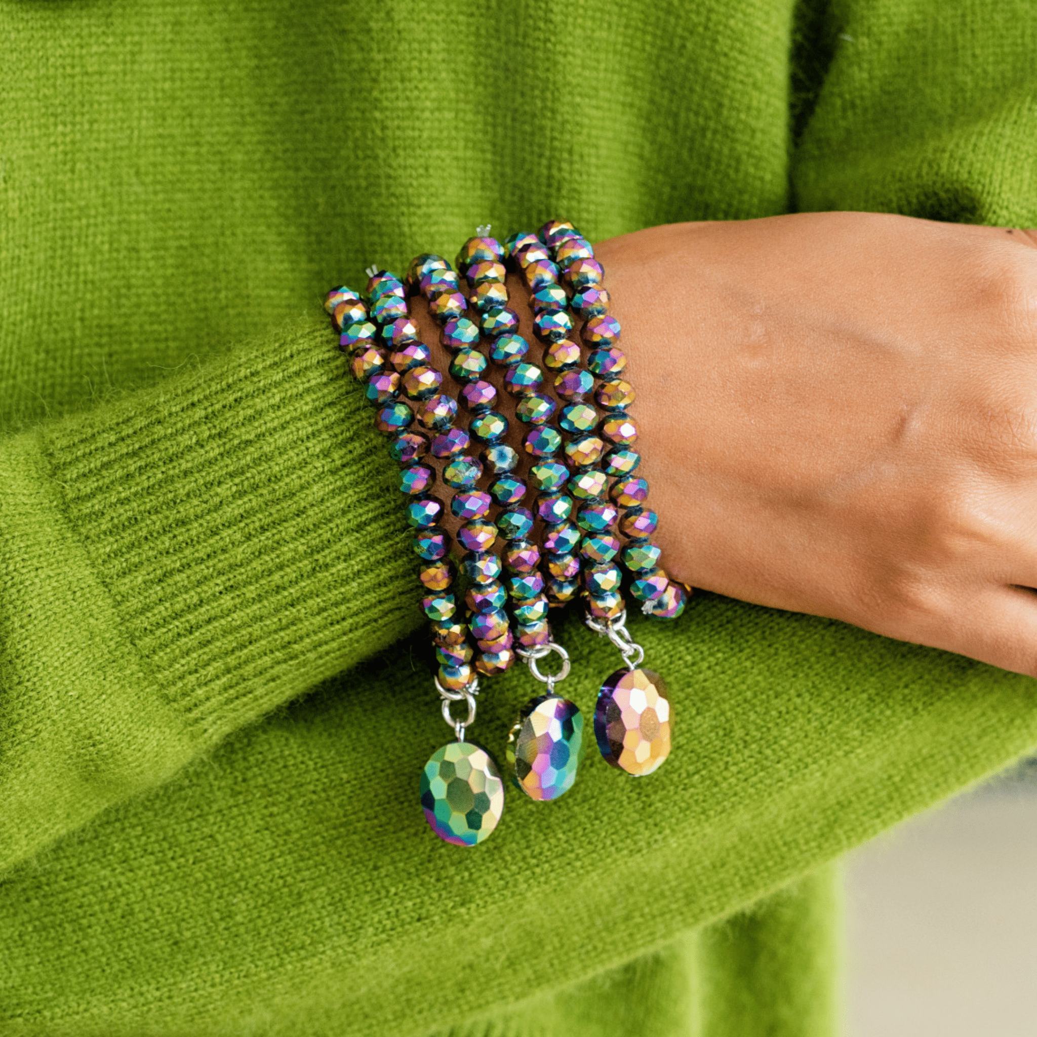 Sassy Jones Gold and Green Statement Bracelet Malia Glass 6pc Stretch Bracelet Stack - Rose Gold Cherry  main image 4