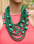 Malia Glass Beaded 2-in-1 Necklace Vintage Green Chrome Matte, green glass beaded necklace, emerald green statement necklace, layered green necklace, detachable green necklace, luxury glass jewelry, bold green bib necklace, matte green beaded necklace, handcrafted statement necklace, versatile green fashion jewelry, sassy jones jewelry