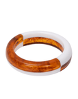 Amber marbled and ivory resin bangle bracelet with glossy finish on a white background.
