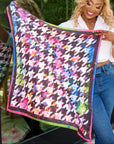 luxury square scarf, houndstooth fashion scarf, satin statement scarf, boutique scarf for women, designer inspired scarf women, multicolor art scarf, silk style scarf, bold print scarf women, contemporary fashion accessories, premium women’s scarves