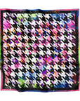 luxury square scarf, houndstooth fashion scarf, satin statement scarf, boutique scarf for women, designer inspired scarf women, multicolor art scarf, silk style scarf, bold print scarf women, contemporary fashion accessories, premium women’s scarves