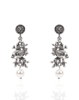 Paloma silver angelfish dangle earrings featuring sculpted fish, dimensional coral inspired detailing and luminous pearl drops.