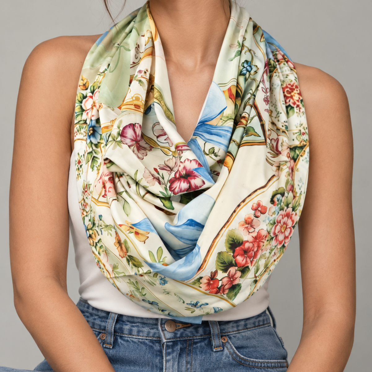 Close up of Auntie Pat Vintage Bow Scarf showcasing intricate floral china designs, gold detailing and pastel ribbon illustrations.