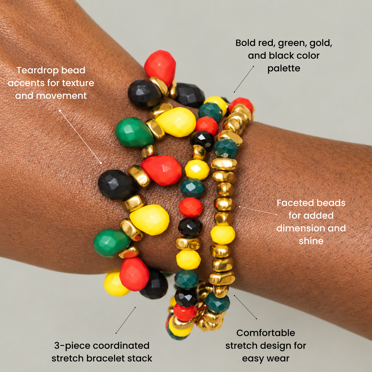 Afrikaan Queen Bracelet Stack shown on wrist with colorful faceted beads and glossy gold accents.