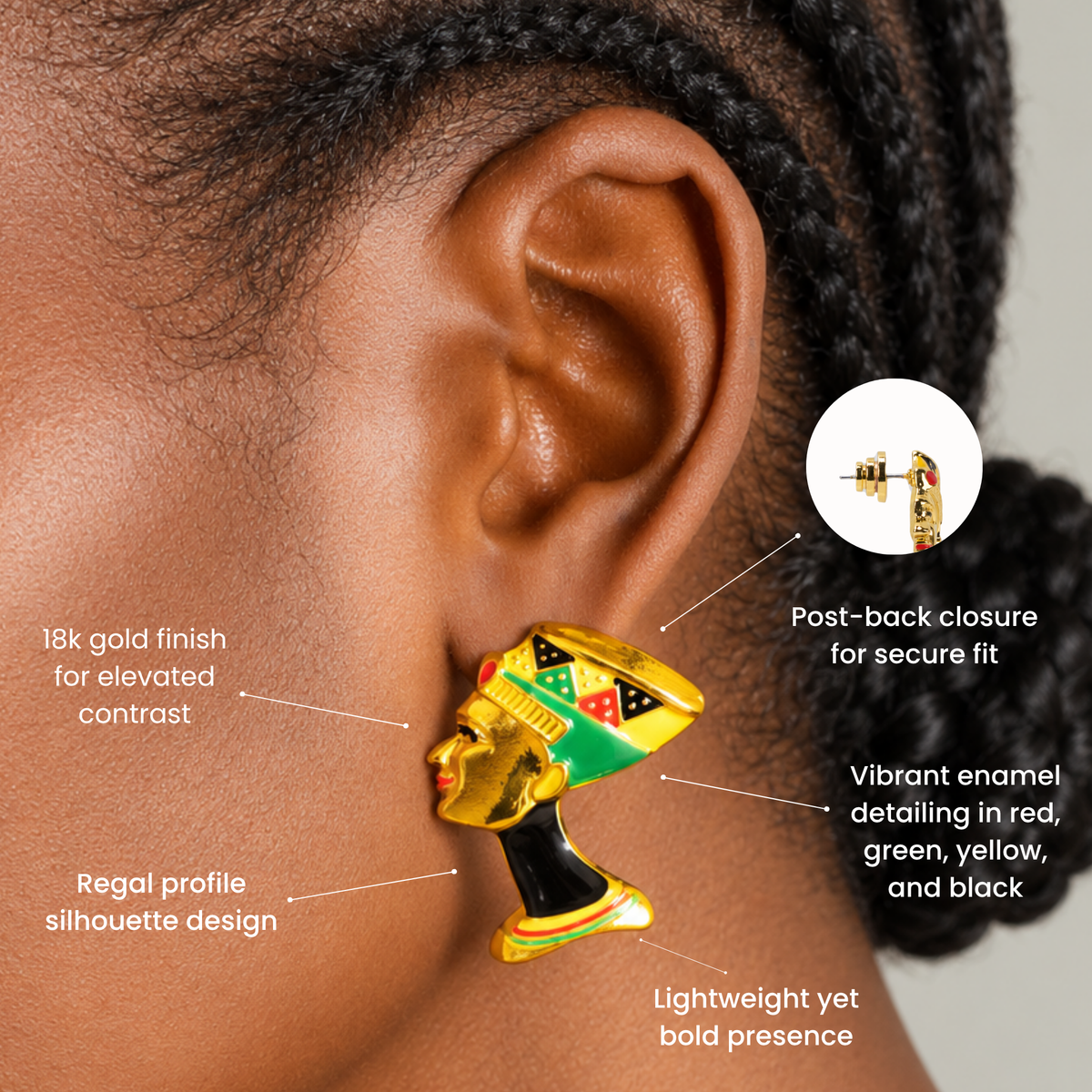 Afrikaan 18k Queen Studs,Earrings, Sassy Jones,