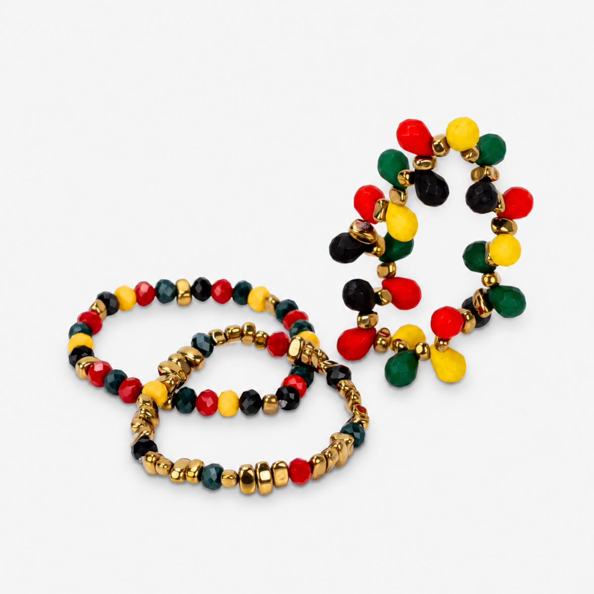 Multicolor Afrikaan Queen bracelet set featuring three coordinating stretch bracelets with mixed bead shapes and sizes.