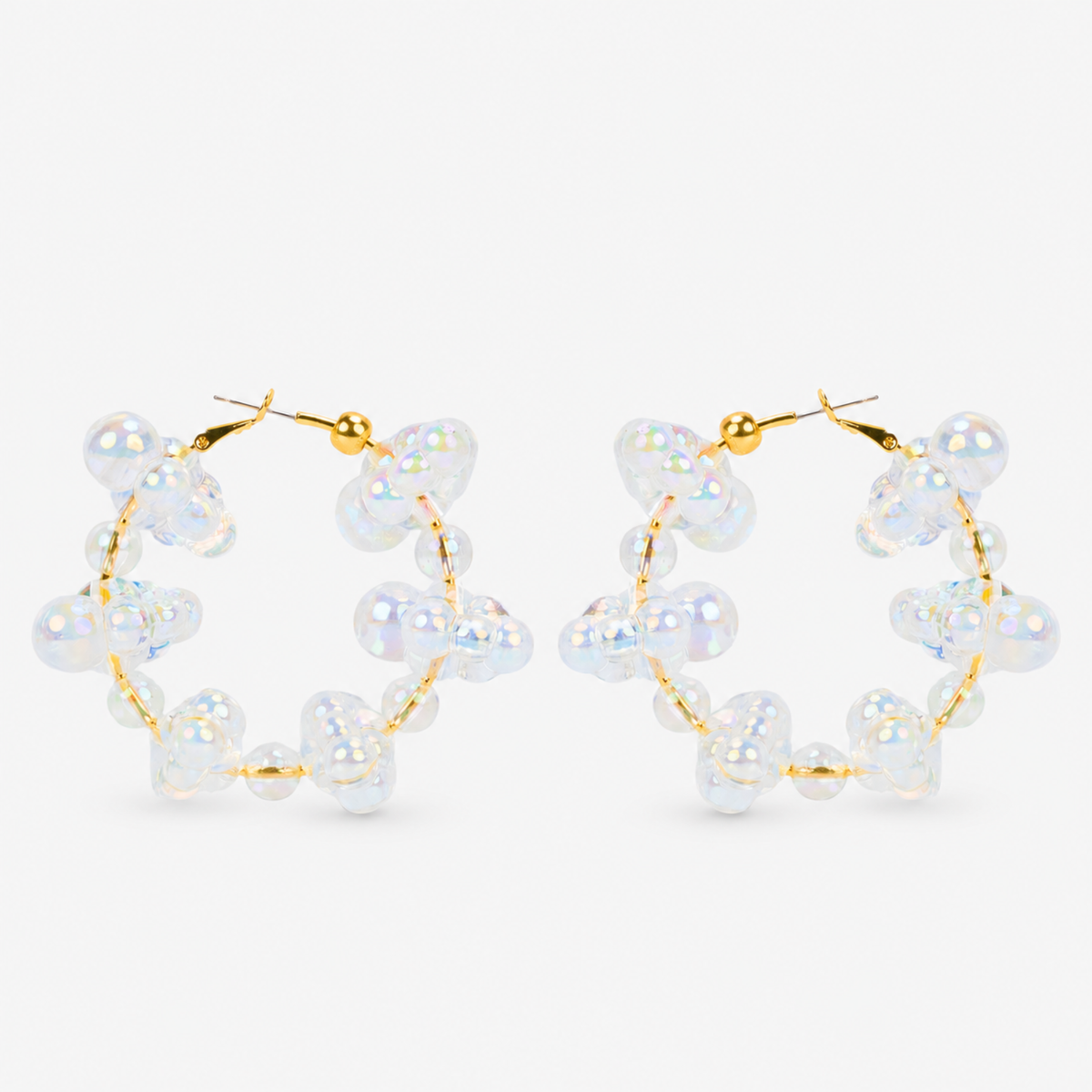 Alana Cloud Bubble Hoops featuring clusters of translucent iridescent bubbles around a gold hoop silhouette.
