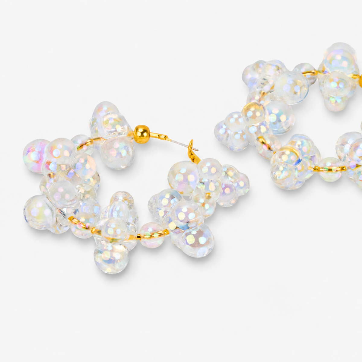 Large bubble hoop earrings with translucent dimensional beads and soft multicolor iridescent shine.