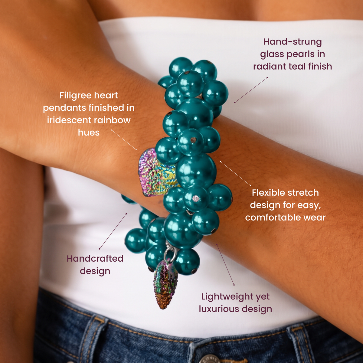 Amora Pearl Heart Stretch Bracelet - Rainbow Teal,Bracelets, Sassy Jones,