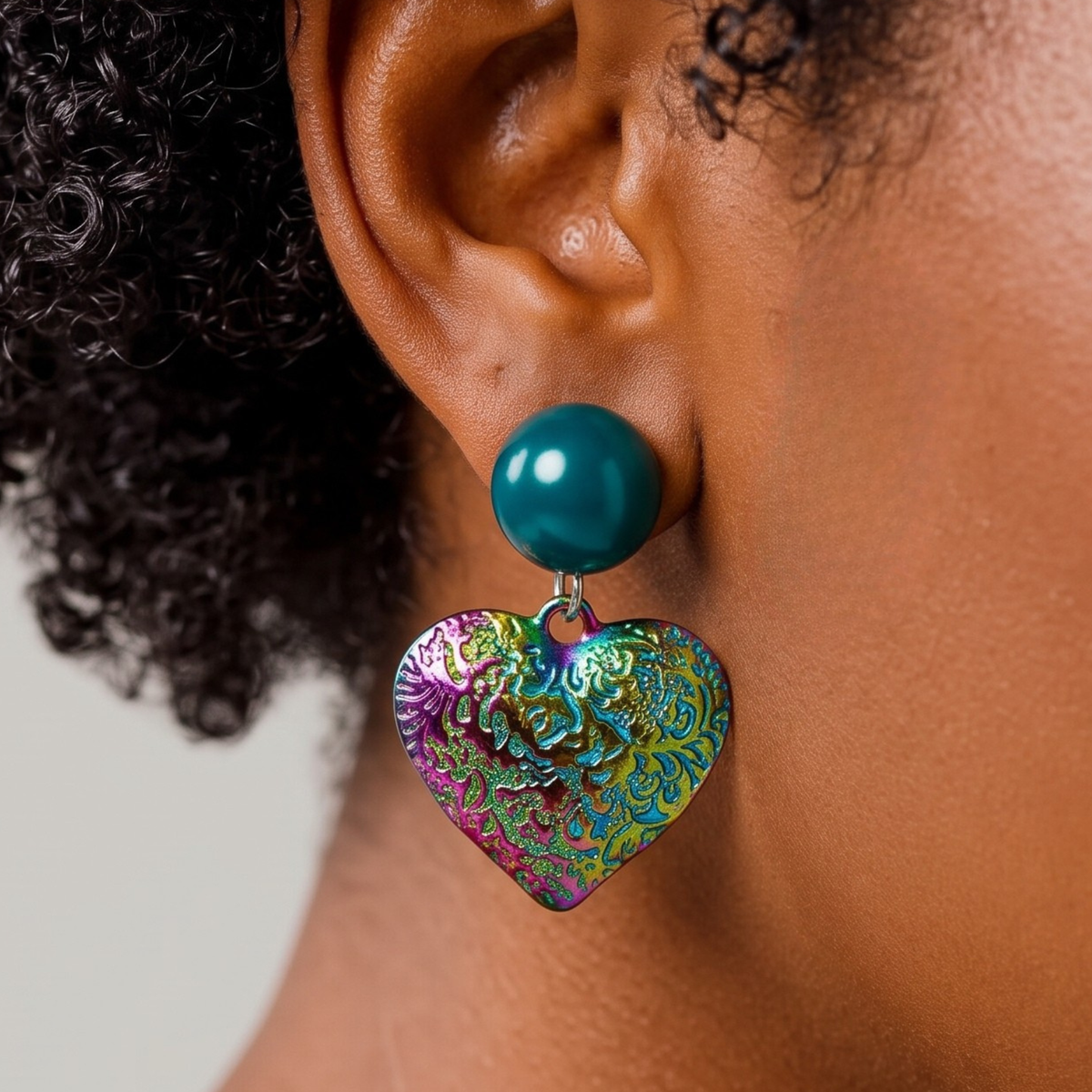 Close up of Amora Pearl Heart Dangle showing teal pearl stud and embossed rainbow heart design.