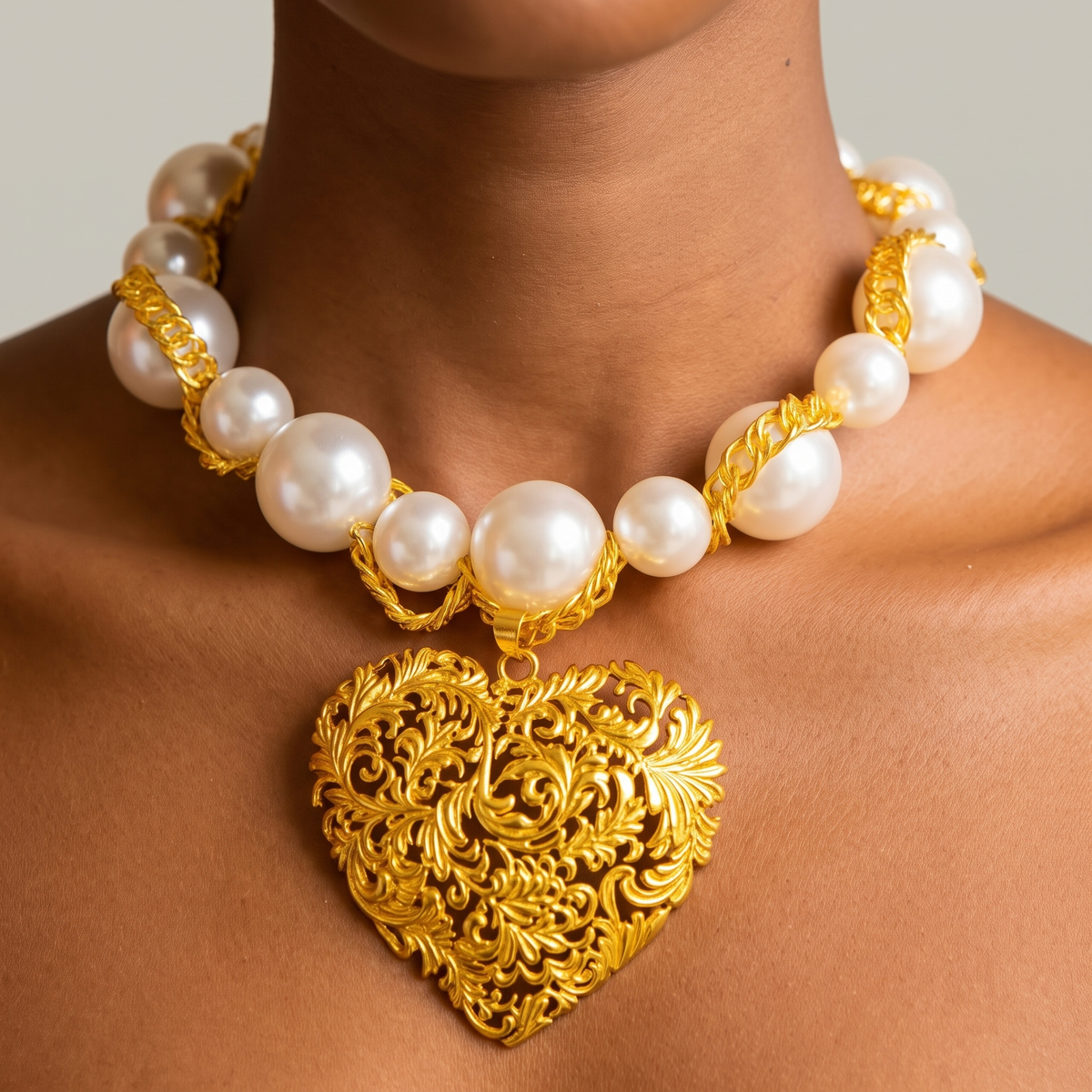 Amora Chunky Pearl Heart Chain – Ivory/Gold necklace with oversized pearls and gold heart pendant.