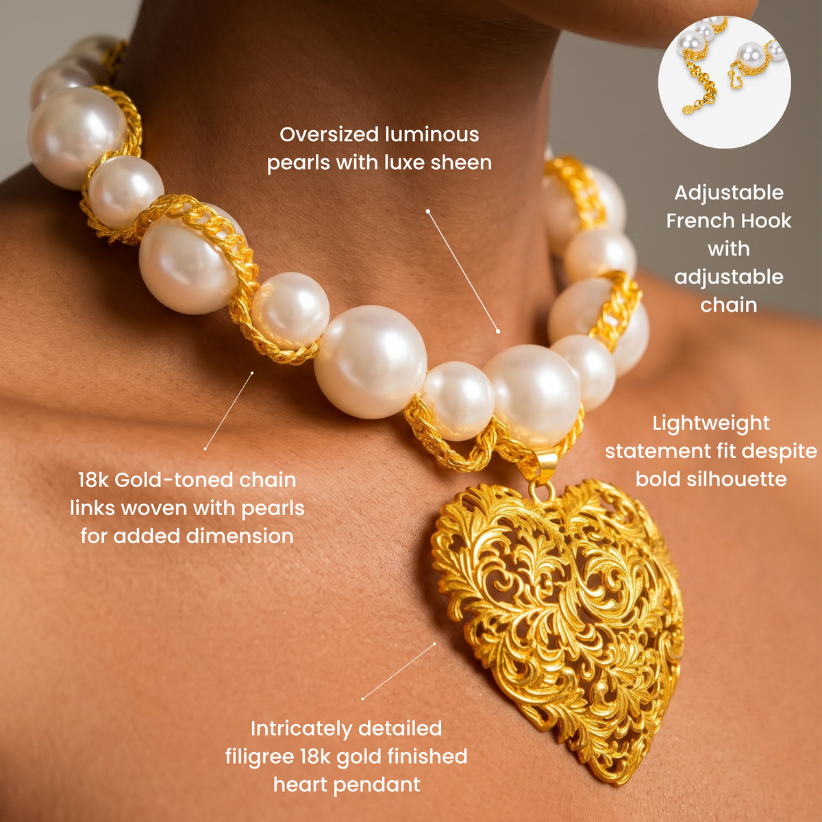 Amora Chunky Pearl Heart Chain – Ivory/Gold necklace with oversized pearls and gold heart pendant.