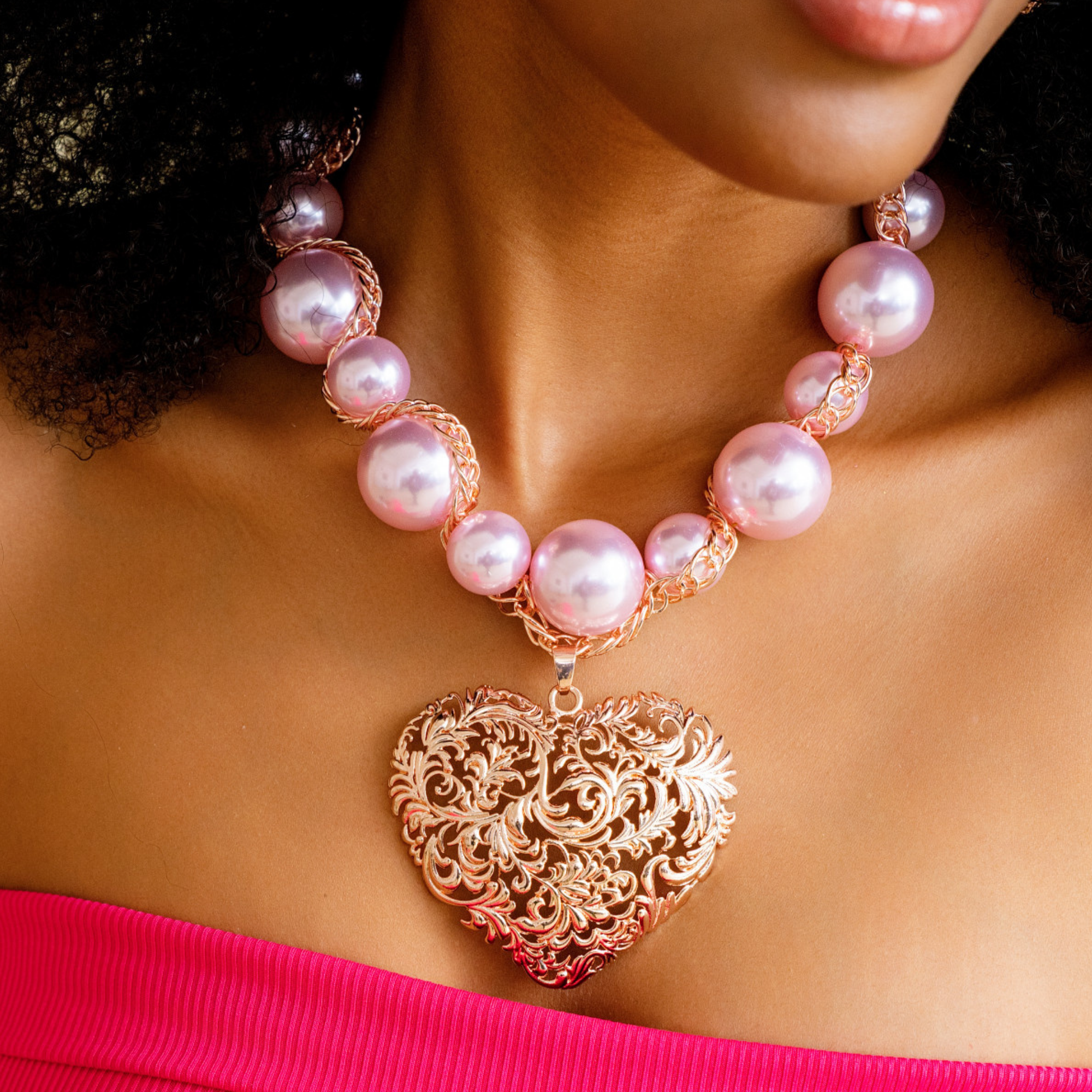 pink pearl necklace, rose gold heart necklace, chunky pearl statement necklace, heart pendant pearl necklace, amora necklace sassy jones, blush pearl jewelry, romantic statement necklace, rose gold statement jewelry, feminine statement necklace, valentine jewelry gift
