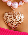 pink pearl necklace, rose gold heart necklace, chunky pearl statement necklace, heart pendant pearl necklace, amora necklace sassy jones, blush pearl jewelry, romantic statement necklace, rose gold statement jewelry, feminine statement necklace, valentine jewelry gift