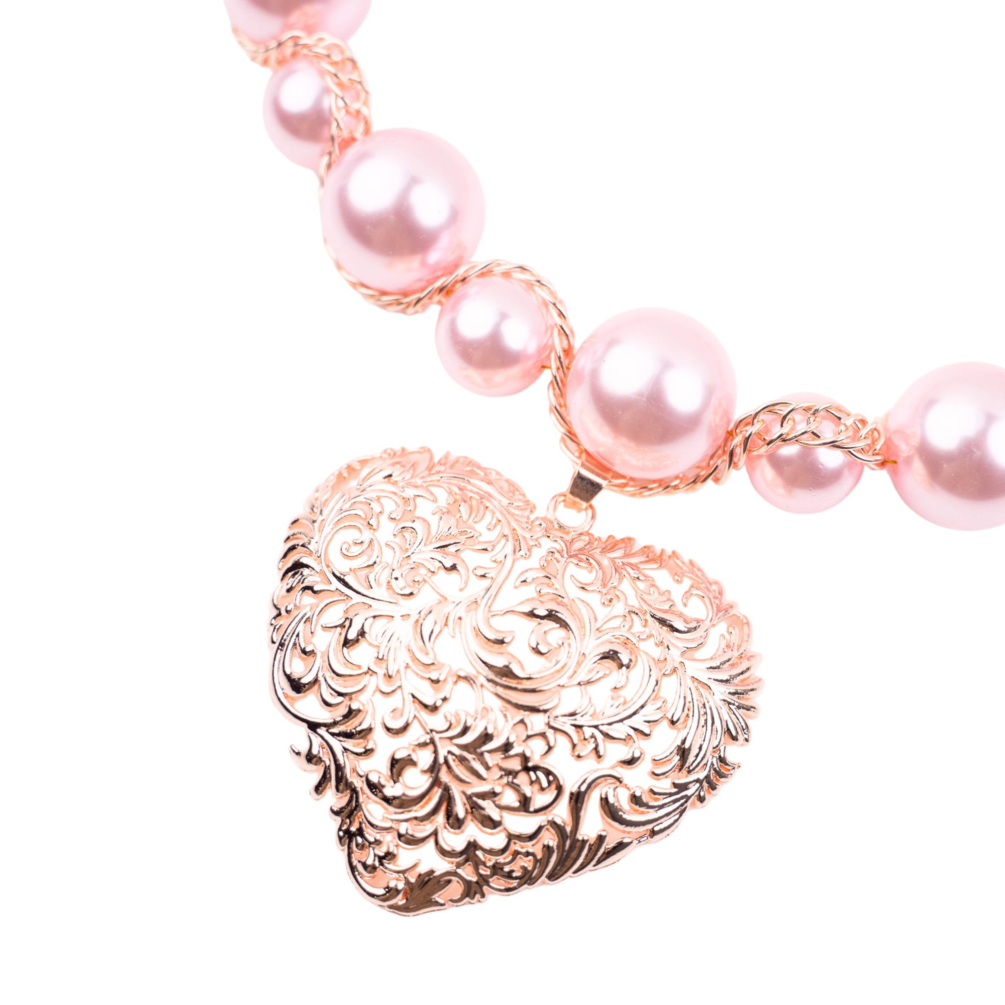 pink pearl necklace, rose gold heart necklace, chunky pearl statement necklace, heart pendant pearl necklace, amora necklace sassy jones, blush pearl jewelry, romantic statement necklace, rose gold statement jewelry, feminine statement necklace, valentine jewelry gift