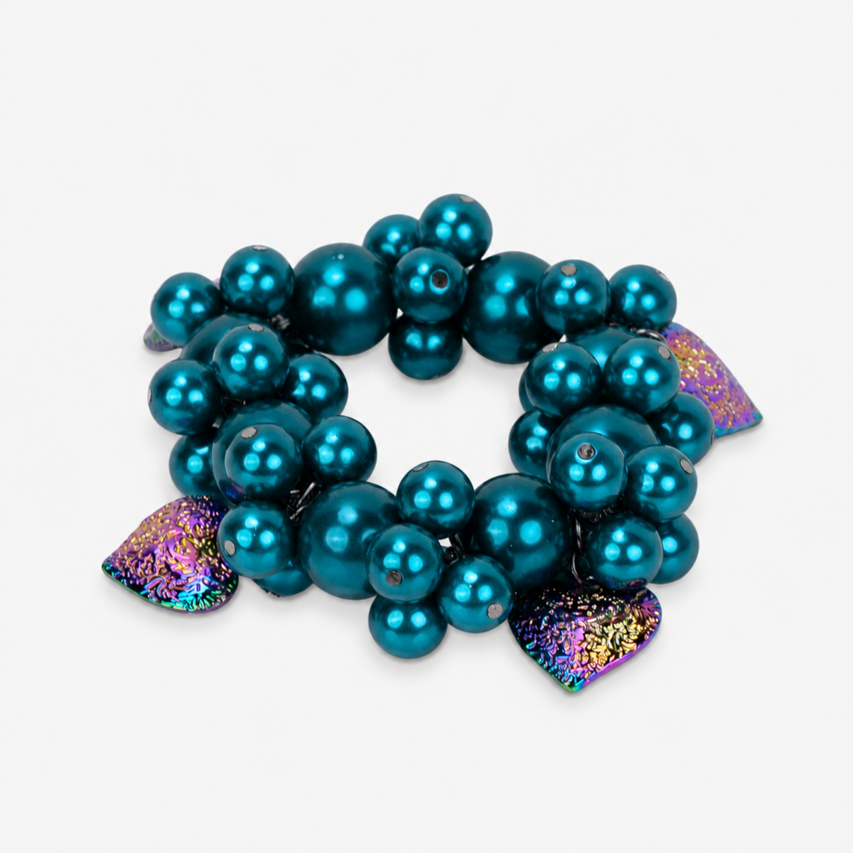 Amora Pearl Heart Stretch Bracelet featuring clustered teal glass pearls and iridescent rainbow heart charms.