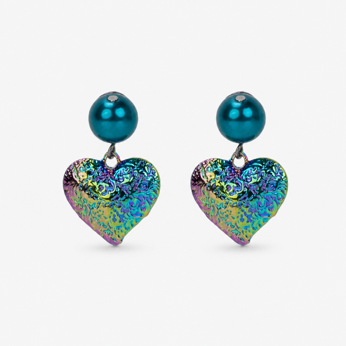 Amora Pearl Heart Dangles in Rainbow Teal featuring glossy teal glass pearl studs and iridescent heart drops.