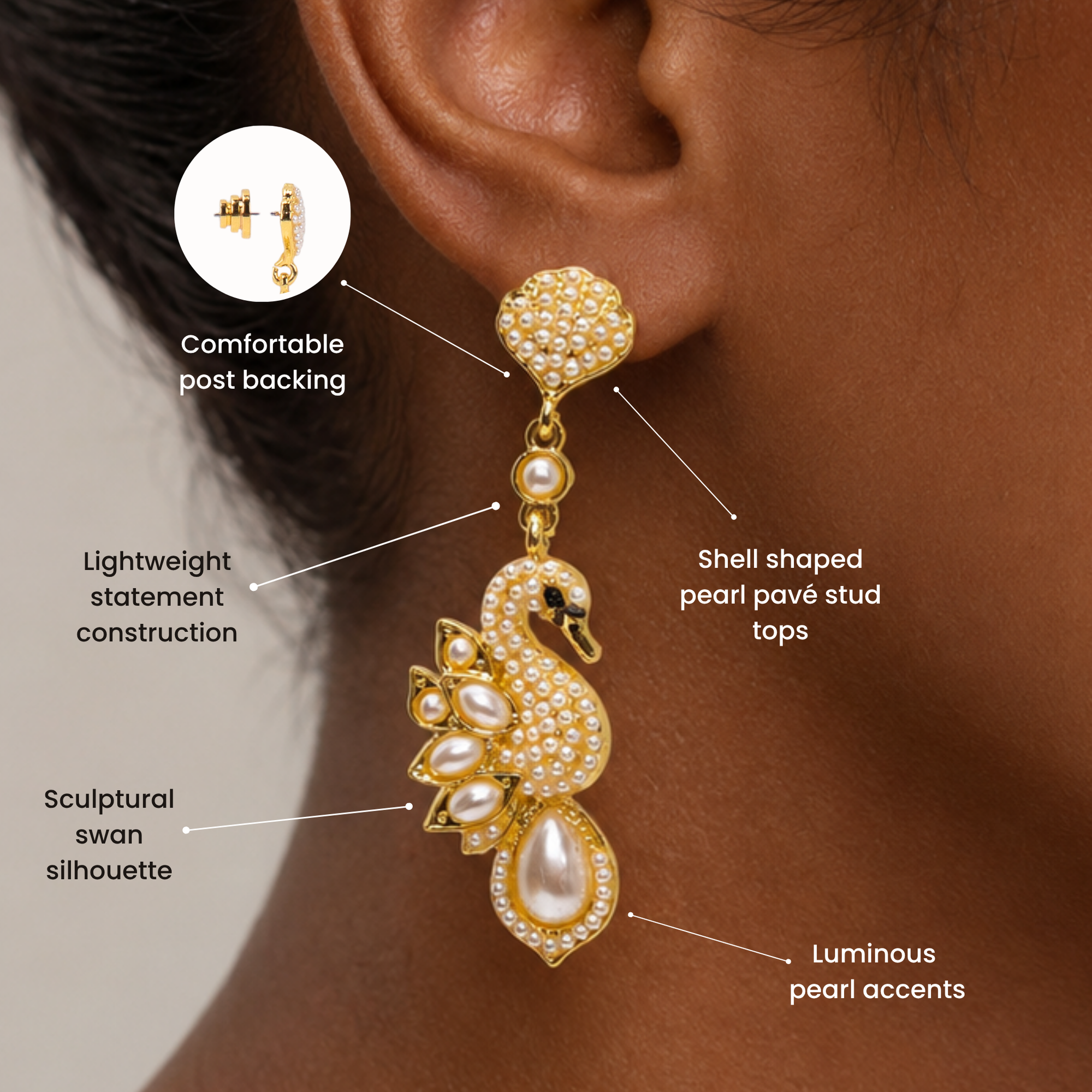 Luxury swan drop earrings featuring sparkling crystals, dimensional ivory pearls, and polished gold tone detailing.