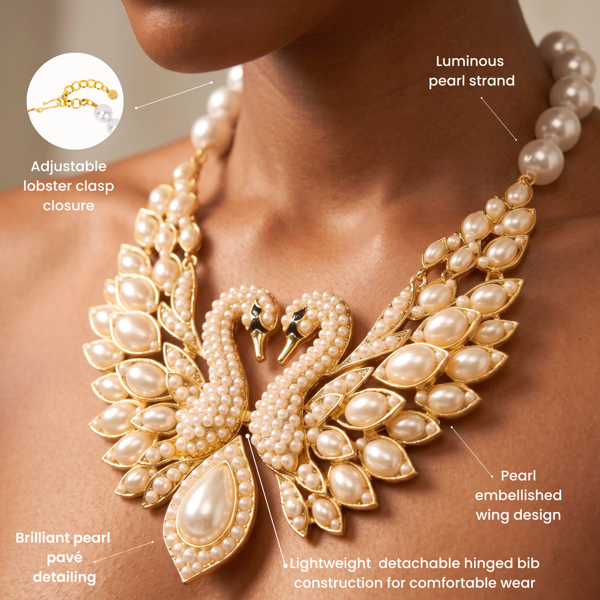 Luxury statement bib necklace featuring mirrored swans surrounded by radiant crystals and dimensional ivory pearl feathers.