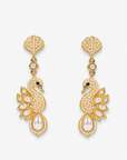 Anastasia Swan Earrings featuring gold tone swans embellished with sparkling crystals, ivory pearl wings, and teardrop pearl accents.