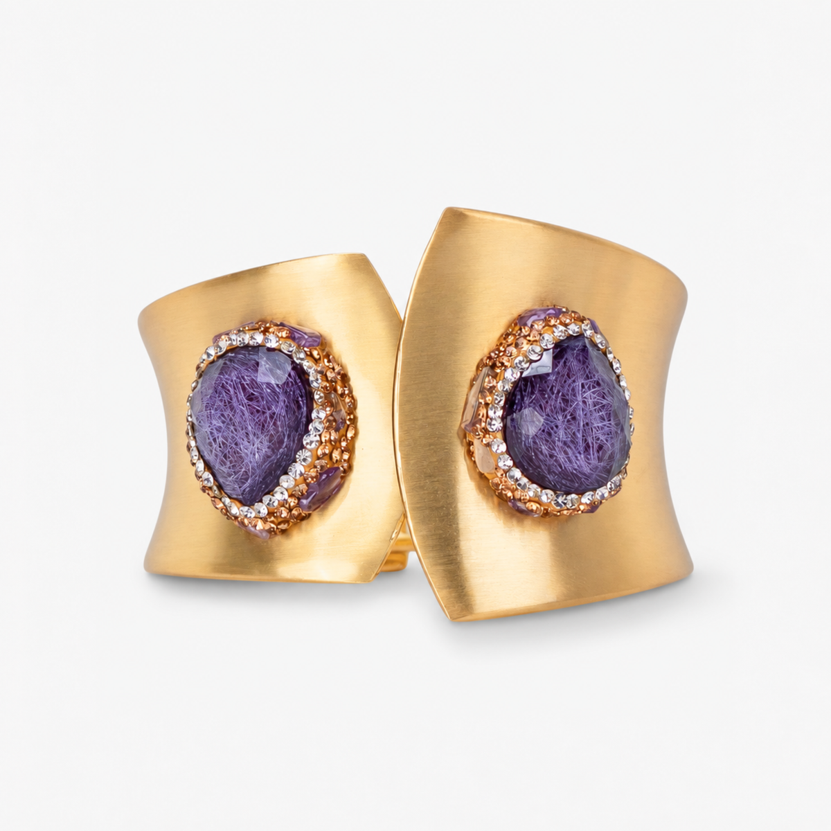 Armana Statement Hinge Cuff in Purple featuring purple stone centerpieces and a sculptural Gold tone finish.