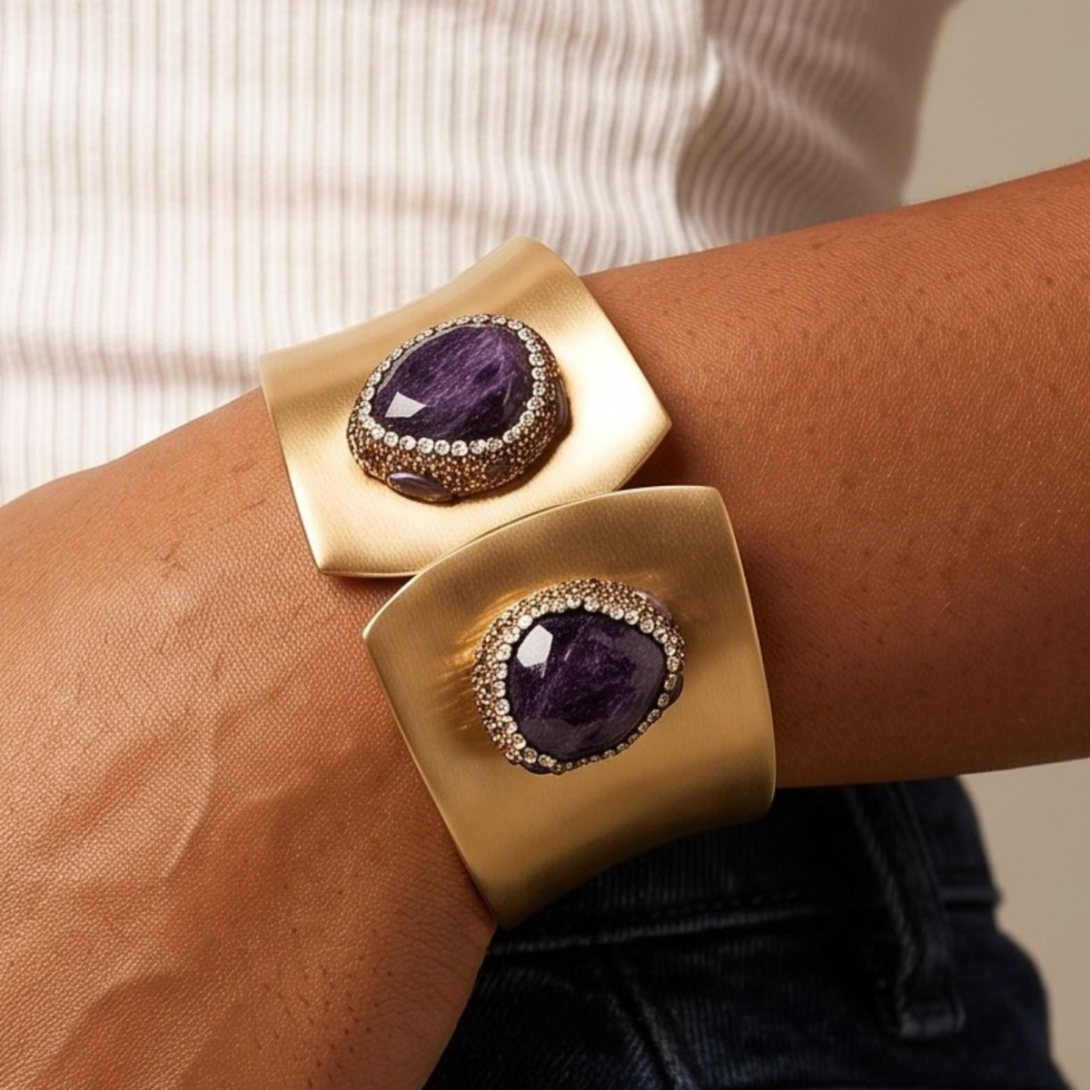 Sassy Jones Armana Purple statement cuff with organic purple stone details, crystal borders and textured gold accents.