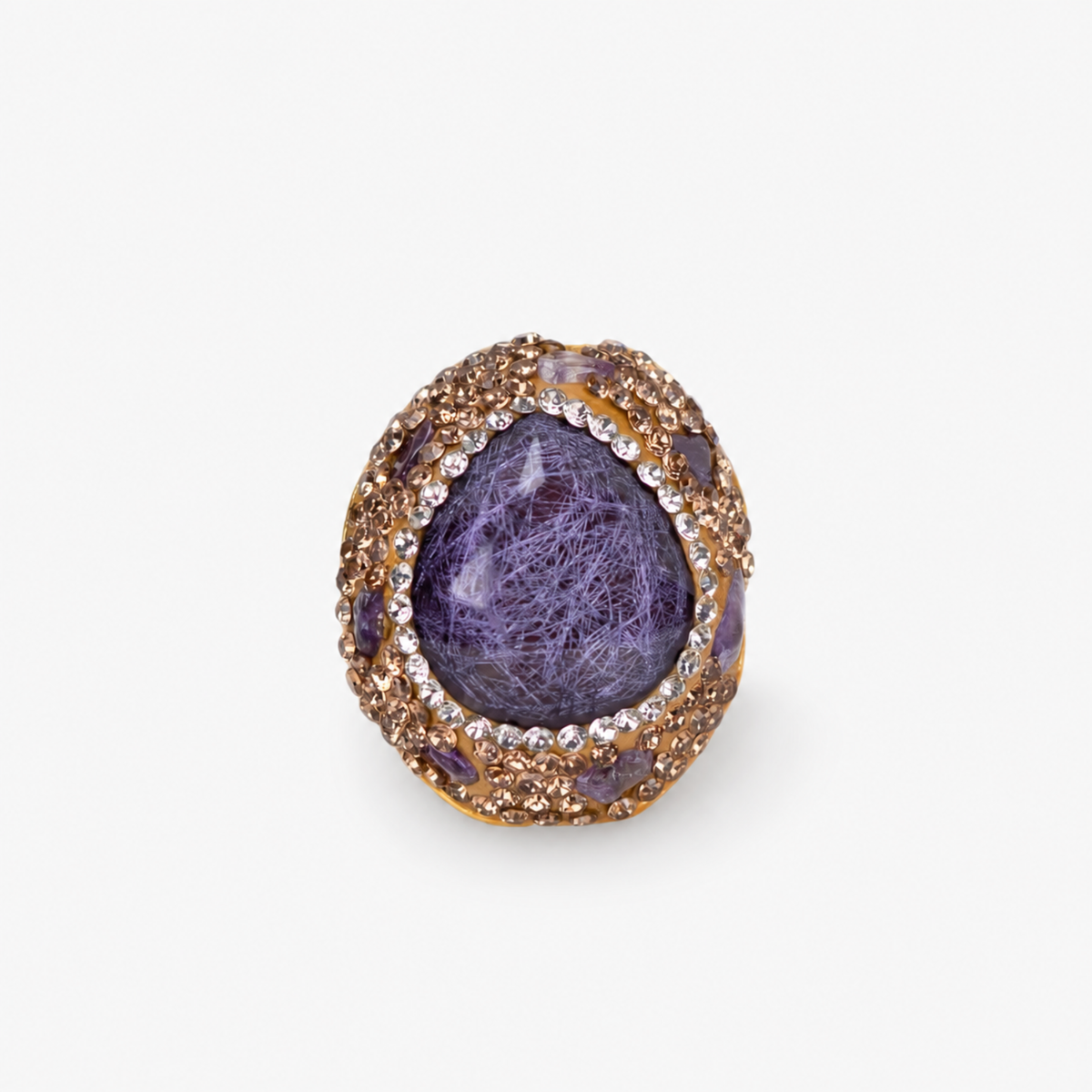 Armana Statement Ring in Purple featuring an oversized purple stone centerpiece with sparkling crystal accents.