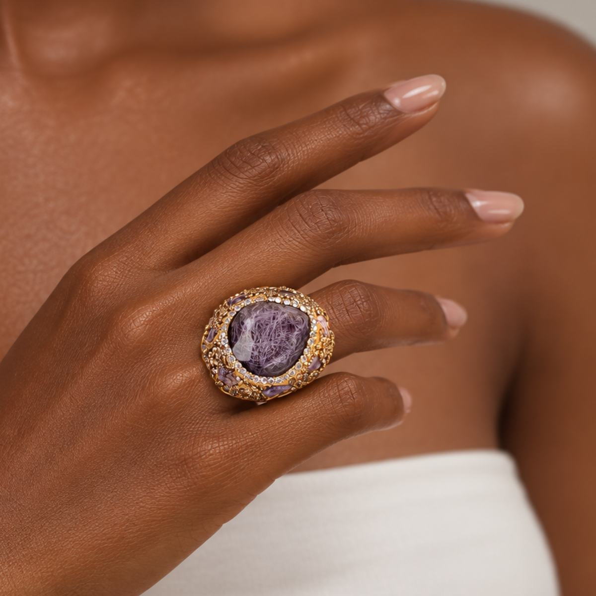Sassy Jones Armana Purple ring featuring a deep purple stone centerpiece in a dimensional embellished setting.