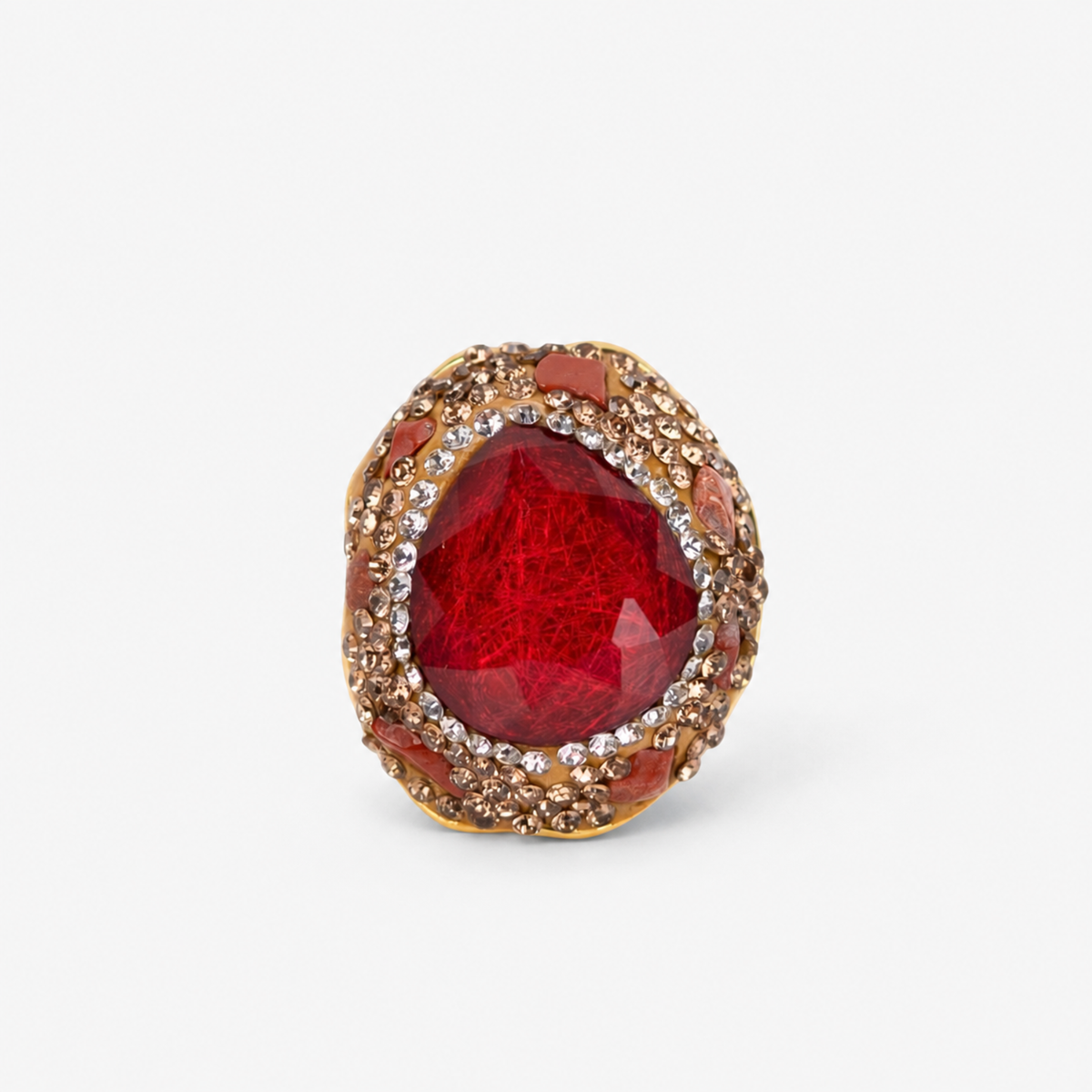 Armana Statement Ring in Red featuring an oversized red stone centerpiece with sparkling crystal accents.