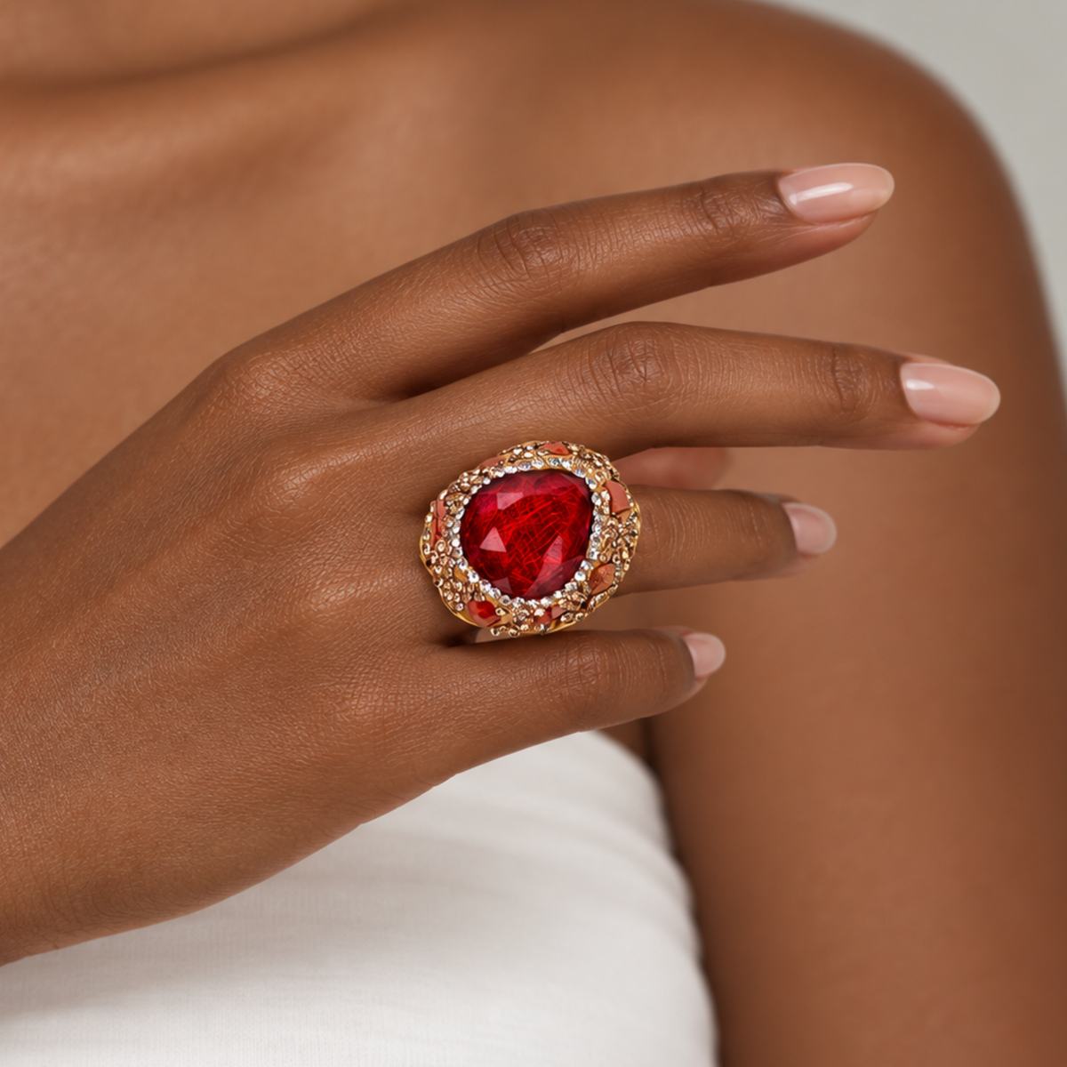 Sassy Jones Armana Red ring featuring a vivid red stone centerpiece in a dimensional embellished setting.