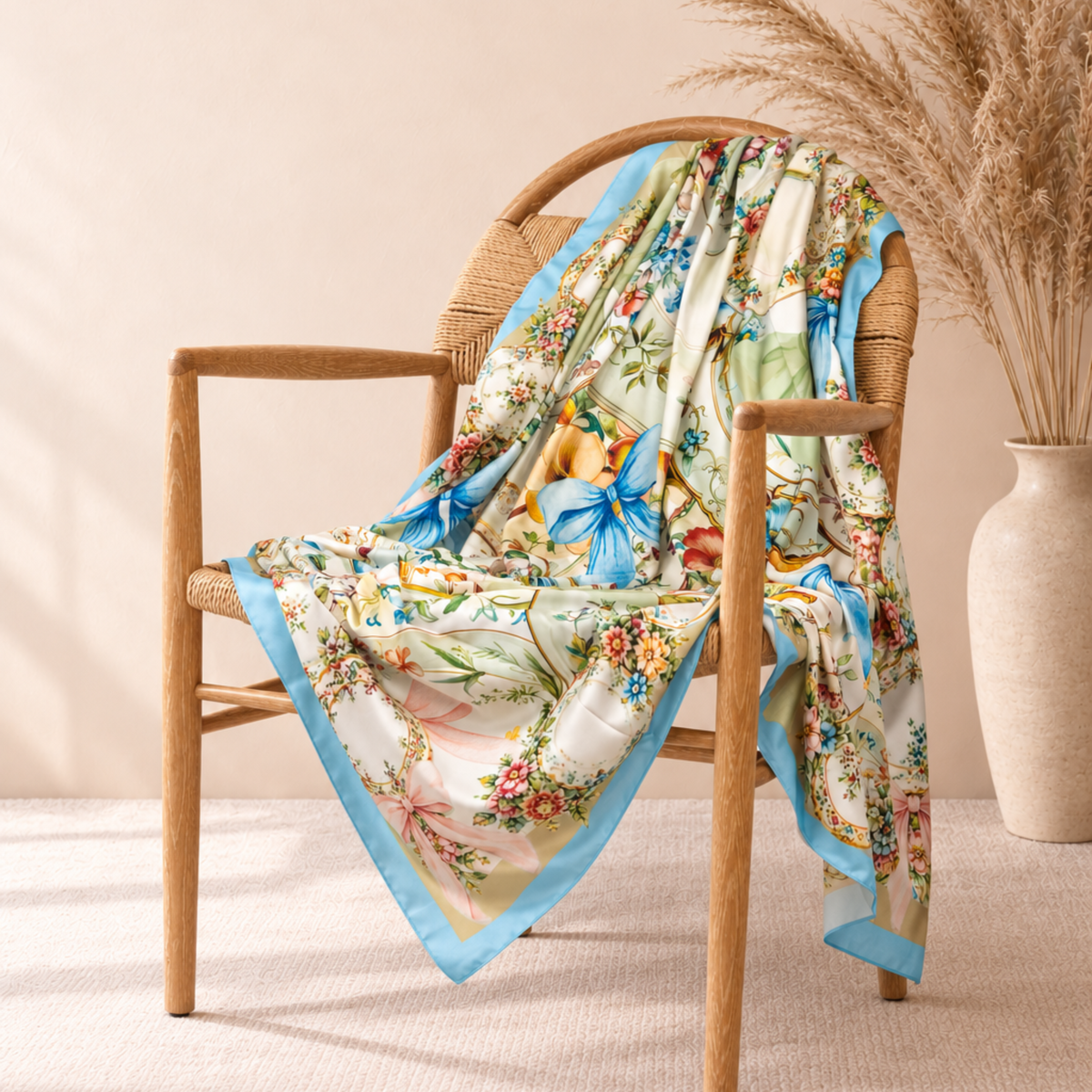 Oversized floral scarf featuring pink, blue and sage green bows layered over ornate porcelain inspired patterns.