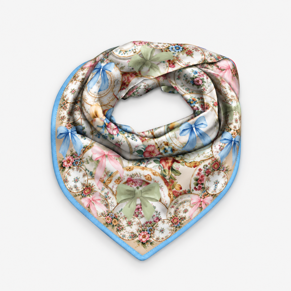 Auntie Pat Vintage Bow Oversized Square Scarf featuring floral porcelain plates and pastel ribbon bows.