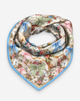 Auntie Pat Vintage Bow Oversized Square Scarf featuring floral porcelain plates and pastel ribbon bows.