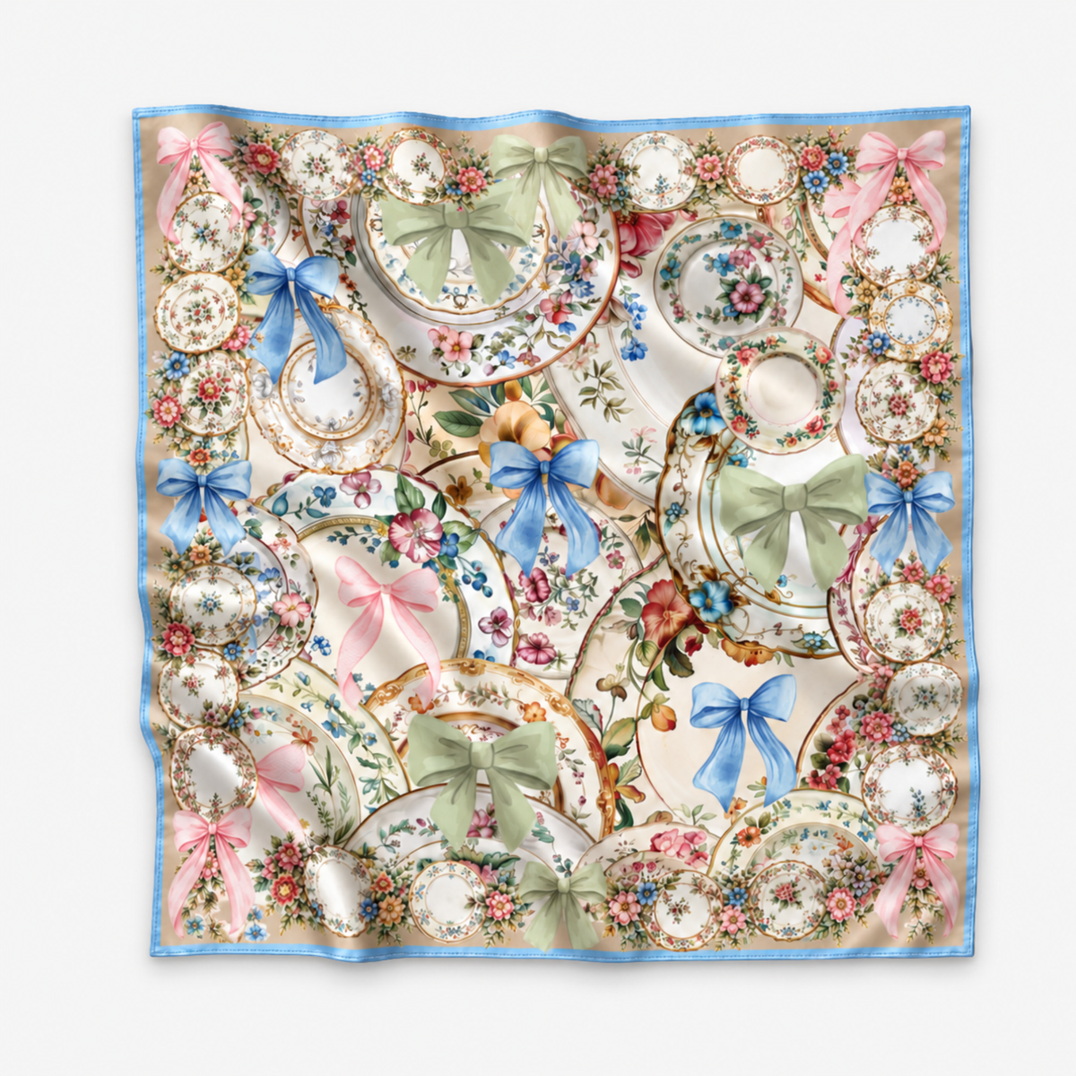 Oversized floral scarf featuring pink, blue and sage green bows layered over ornate porcelain inspired patterns.