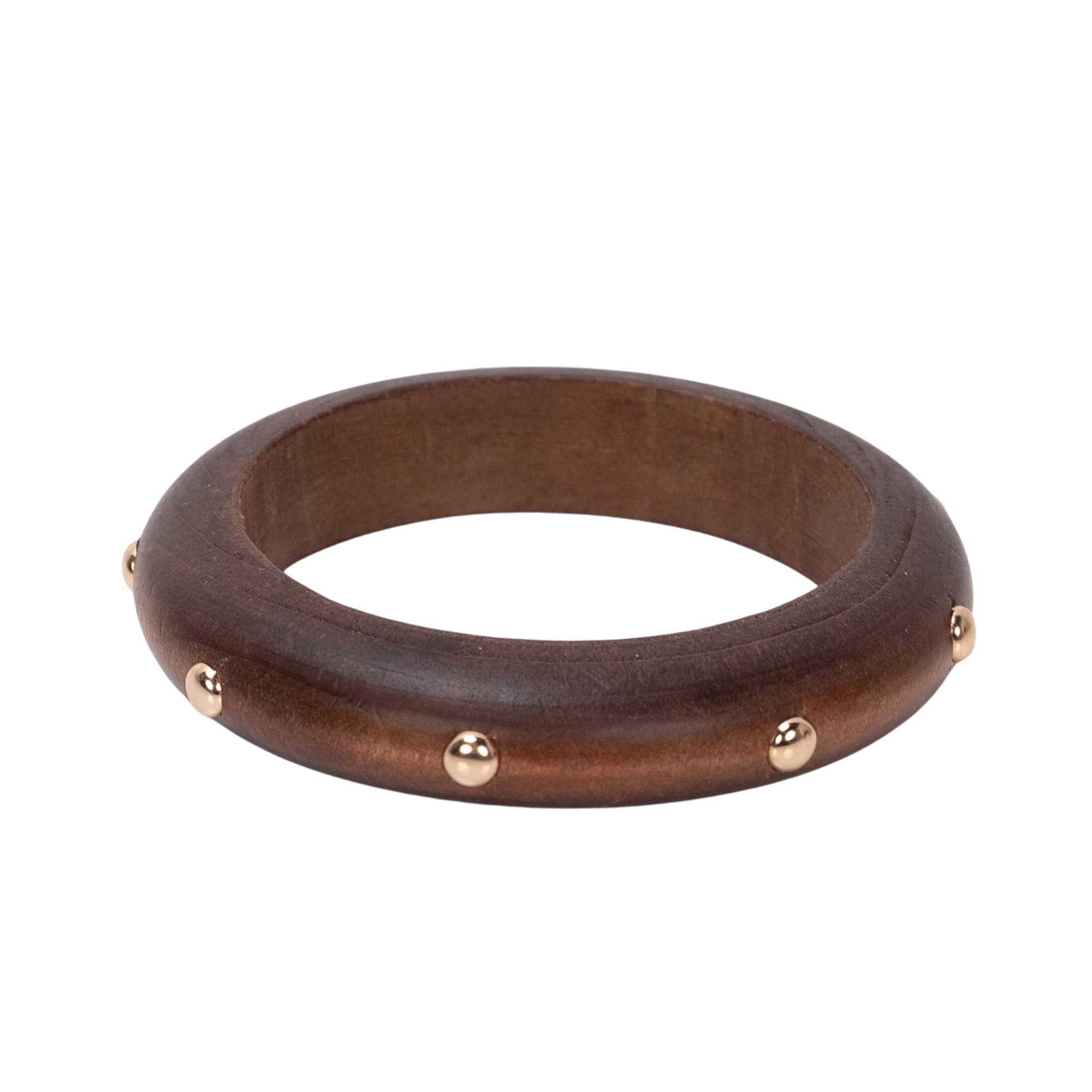 Rounded espresso brown statement bangle bracelet with polished gold stud accents and smooth sculptural silhouette by Sassy Jones.