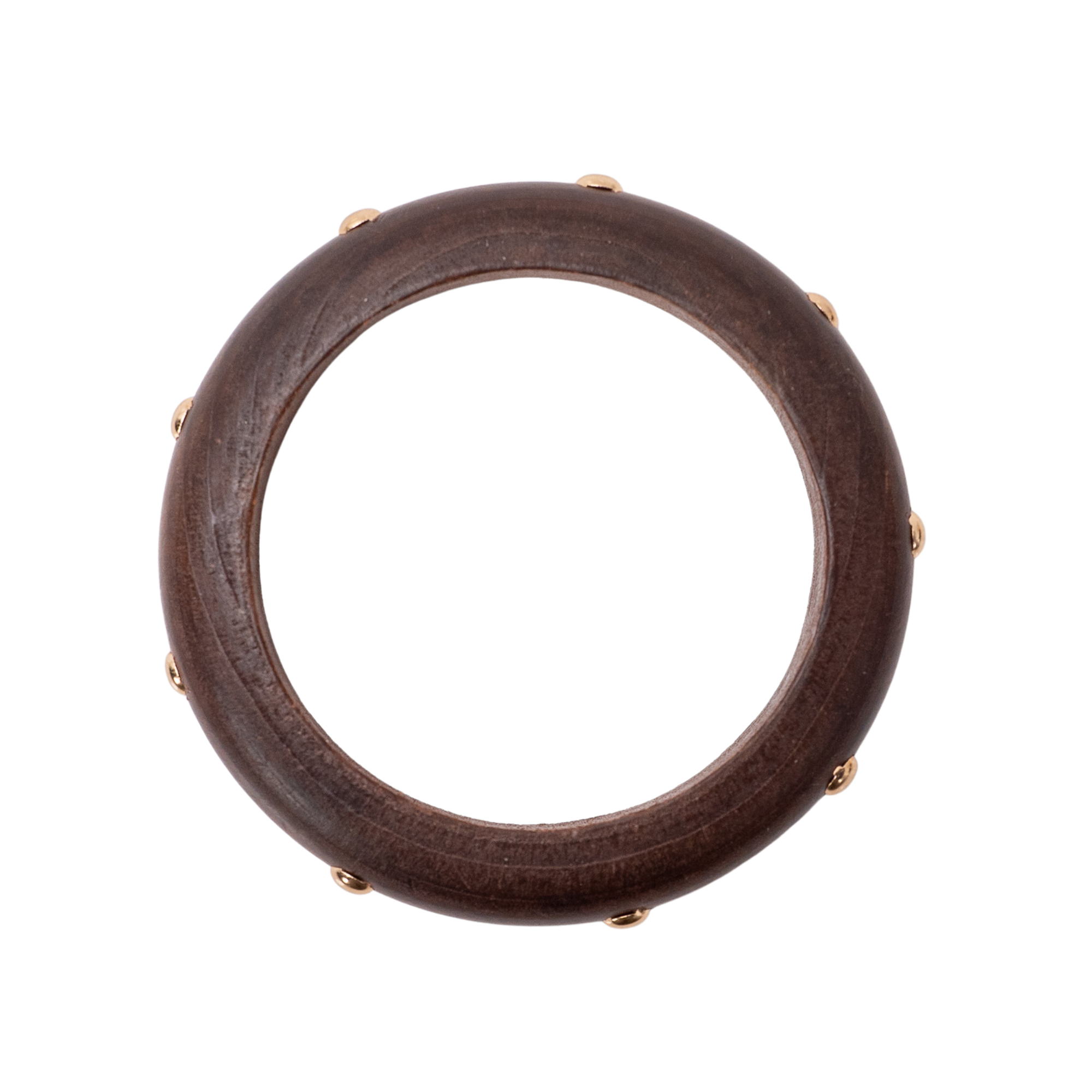 Rounded espresso brown statement bangle bracelet with polished gold stud accents and smooth sculptural silhouette by Sassy Jones.